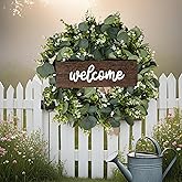 Nisdfeal Artificial Eucalyptus Wreath with Welcome Sign.Front Door Wall Window Farmhouse Festival Porch Patio Garden Decor,All-Season Green Wreath for Indoors &amp; Outdoors: Timeless Style