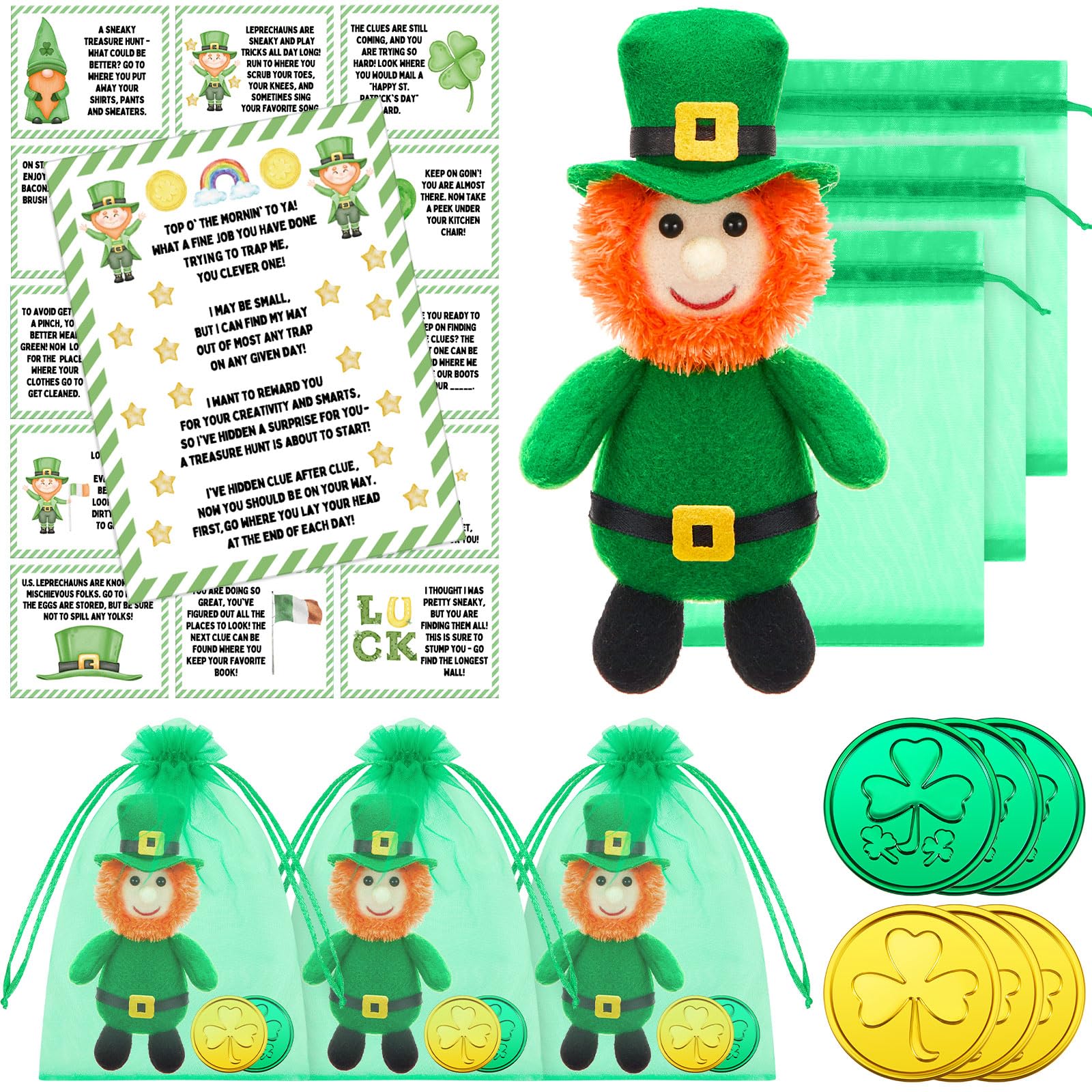 Shappy 6 Set Leprechaun Plush Boy Girl Toy St. Patrick's Day Plush Toy Doll with Shamrock Coins and Leprechaun Scavenger Hunt Letter St Patricks Day Decorations Irish Stuffed Decor (Boy)