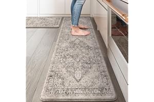 KIMODE Anti Fatigue Kitchen Mat for Floor, Boho Distressed Kitchen Rugs Sets of 2, Kitchen Floor Mats Non-Slip Cushioned, Comfort Standing Mat for Sink, Laundry, Desk Light Brown 17"x59"+17"x29"