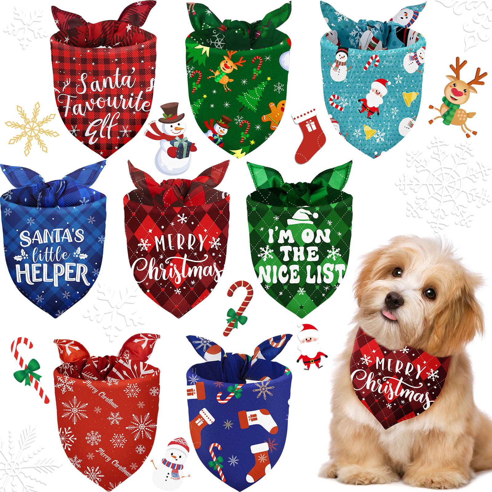 8 Pieces Christmas Dog Bandanas Classic Buffalo Plaid Dog Scarf Xmas Pet Bandanas Snowman Snowflake Pet Triangle Bib for Christmas Holiday Pets Cats Accessories Costume Supply (Cute Pattern,Small)