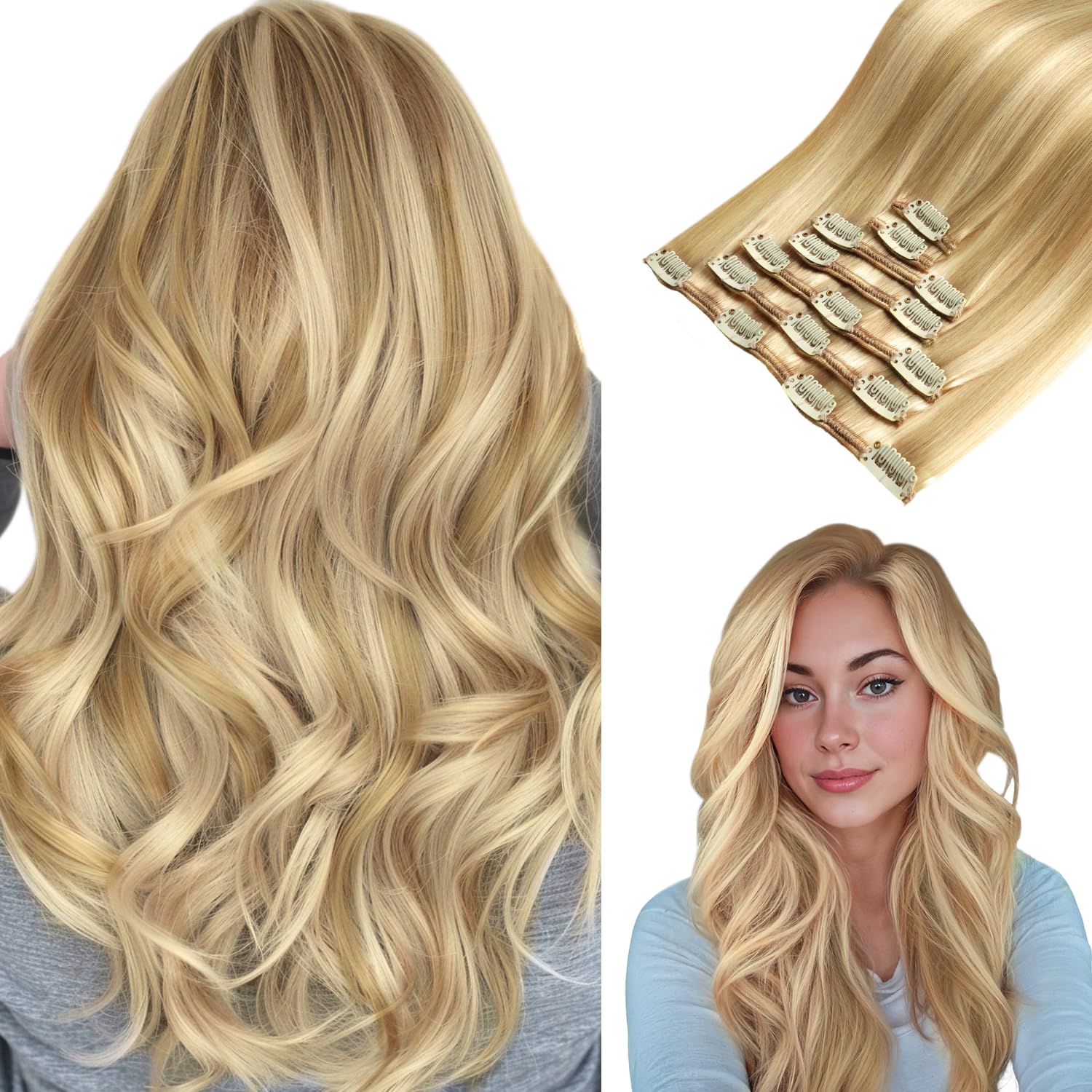 Clip in Hair Extensions, hotbanana Light Blonde Highlighted Golden Blonde Clip in Hair Extensions Real Human Hair Straight Remy Hair Clip in Hair Extensions 24 inch 120g 7pcs — image 1