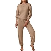 Ekouaer Waffle Knit Lounge Sets for Women Long Sleeve Pajamas Set with Pockets 2 Pieces Outfits Top and Pants
