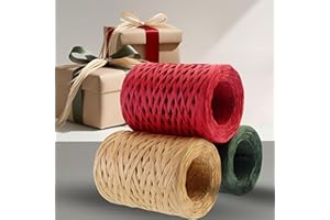 YARRD 1080 Feet of Natural Raffia Ribbon – 3 Rolls Paper Twine Ribbon in Green Red and Natural Color 360 Feet Each Roll Craft Raffia Twine for Gifts DIY Wrapping for Christmas