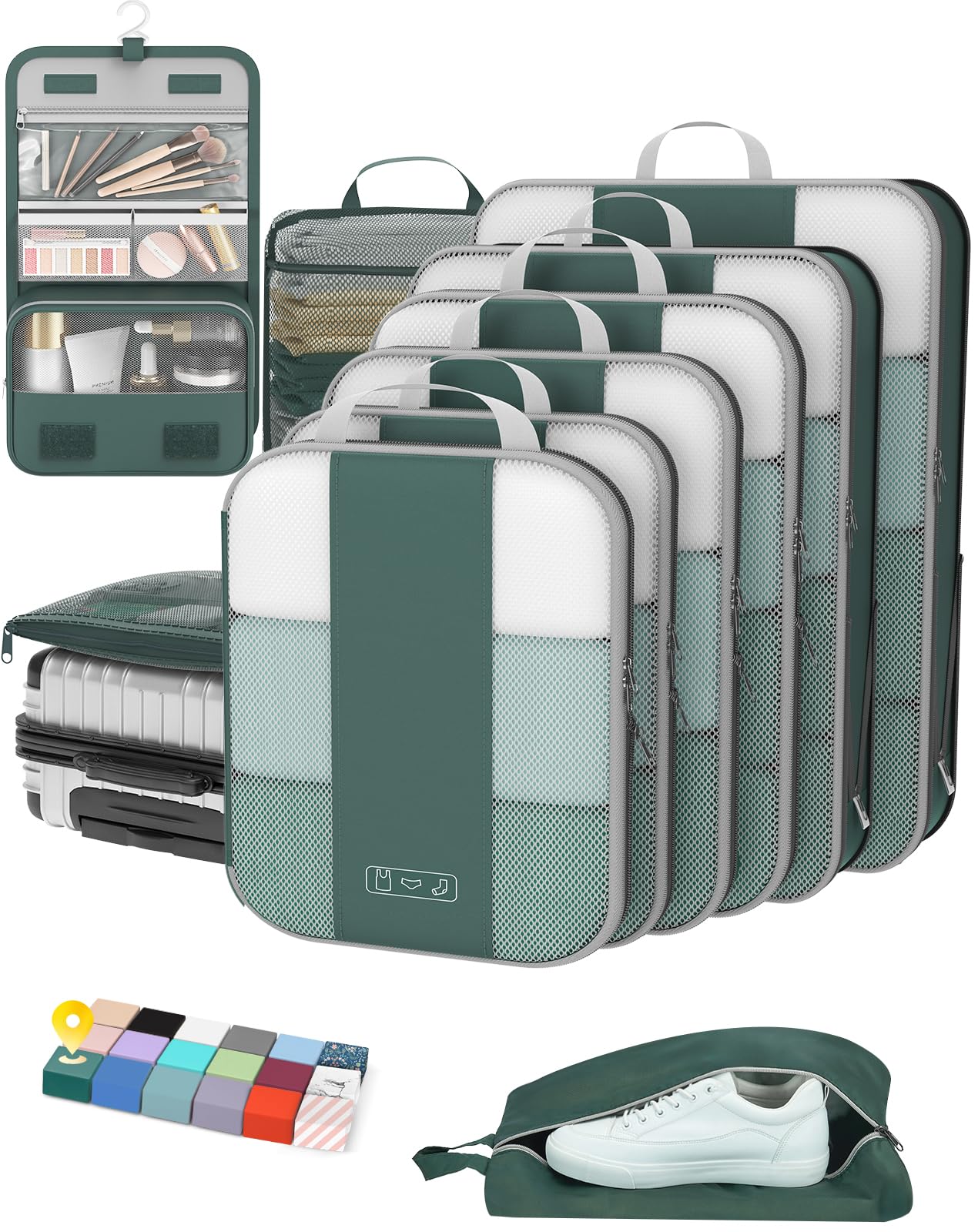 Photo 1 of 10 Set Compression Packing Cubes for Travel Essentials,Compressible Expandable Packing Cubes for Suitcase,OlarHike Luggage Organizer Bags for Travel,Handy Helper for Organizing Clothes(Dark Green)
