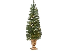 National Tree Company Pre-lit Artificial Tree For Entrances and Christmas| Includes Pre-strung White Lights | Montclair Spruce - 4 ft, Black/Gold
