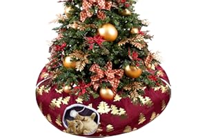 LUCKITTY Plush Christmas Tree Pattern Cat Tunnel Bed Under Christmas Tree with Premium Gold Foil & Hanging Plush Ball, 10-Inch Diameter 3-Ft Wide Round - Divert Cats from Decor Red Color