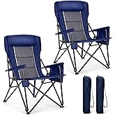 ALPHA CAMP Oversized Folding Camping Chairs High Backrest Heavy Duty Lawn Chairs for Adults Support 500 LBS Portable Camp Chairs with Cup Holders Large Side Pocket Outdoor Chair 2 Pack