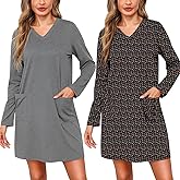 Marvmys Women Long Sleeve Nightgowns Comfy V Neck Nightshirts 2 Pack Sleep Shirts with Pockets Sleepwear S-3XL
