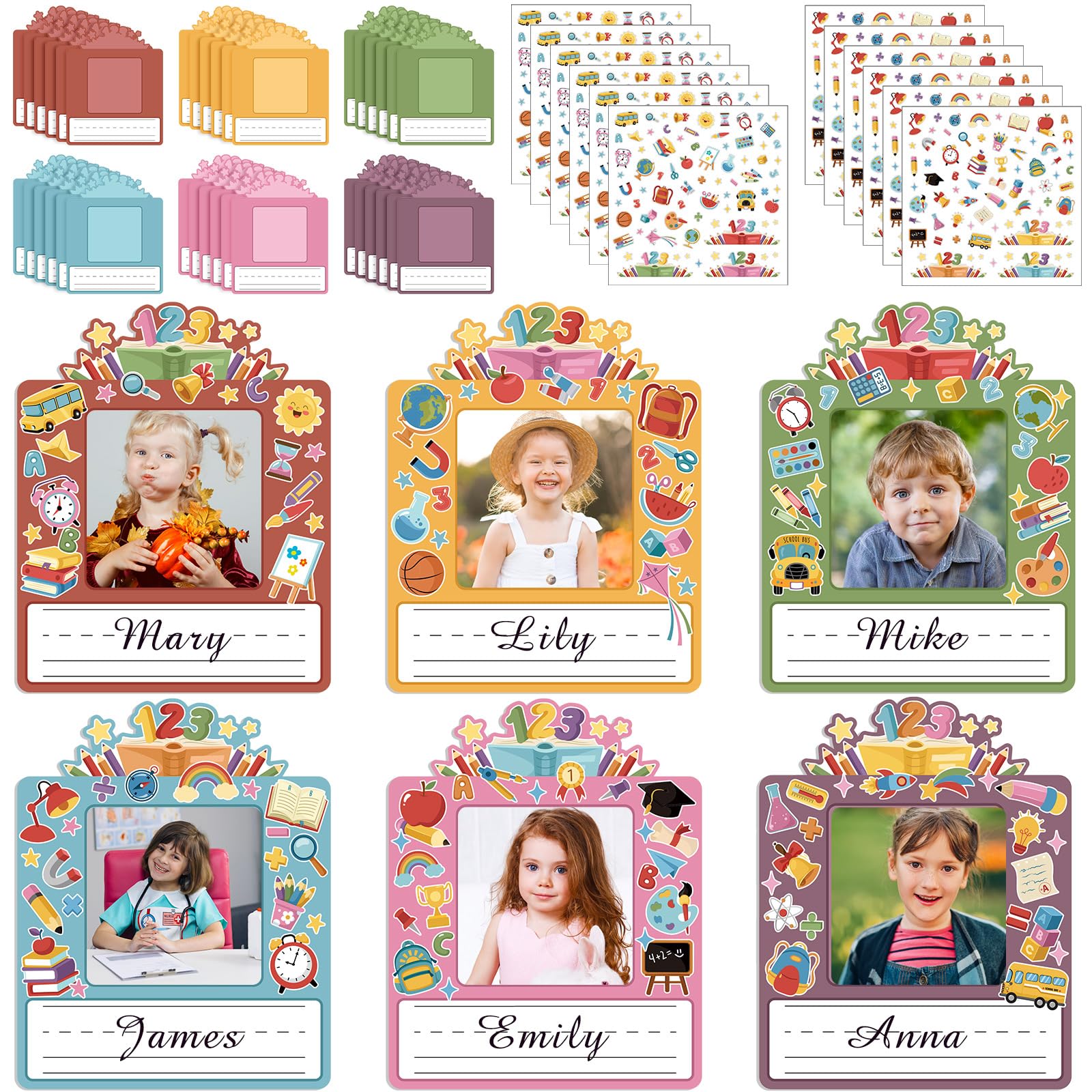 Photo 1 of Pasimy 36 Pcs Kids Photo Nameplates for Desk Name Tags for Classroom with Photo Space Colorful Name Tags Labels Stickers for Back to School Classroom Kindergarten Desk Bins Cubbies Office Supplies