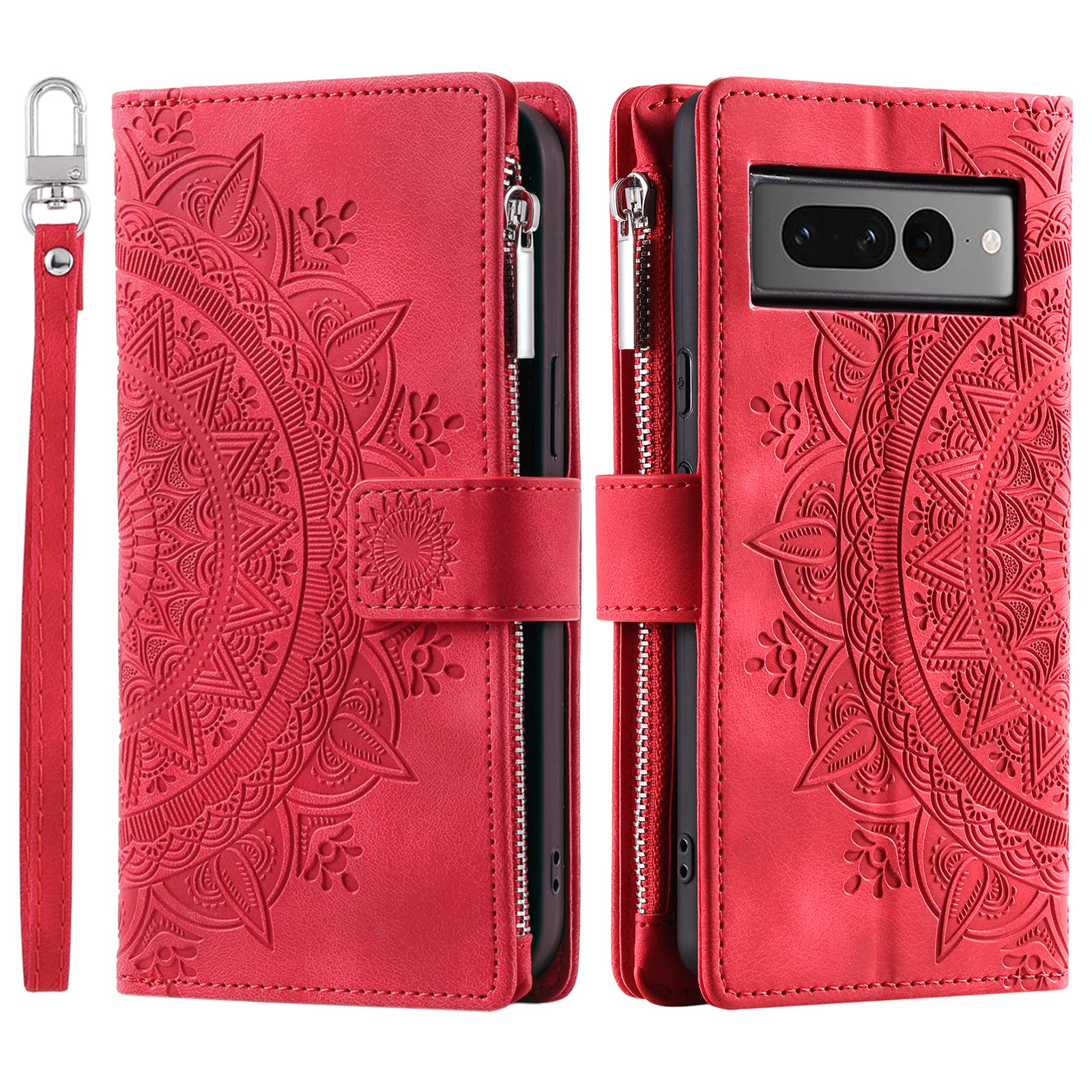 VEEMOS Wallet Case for Google Pixel 7 Pro Flower Flip Case Protective Leather Folio Book Phone Cover with Card Slots Kickstand Zipper Pocket - Red