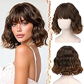 BARSDAR Short Wavy Auburn Highlight Wig - Short Wavy Wig with Bangs for Women, Thick Soft Synthetic Textured Curly Chic French Bob Wigs with Face-Framing Bangs Natural Looking Daily Party Halloween