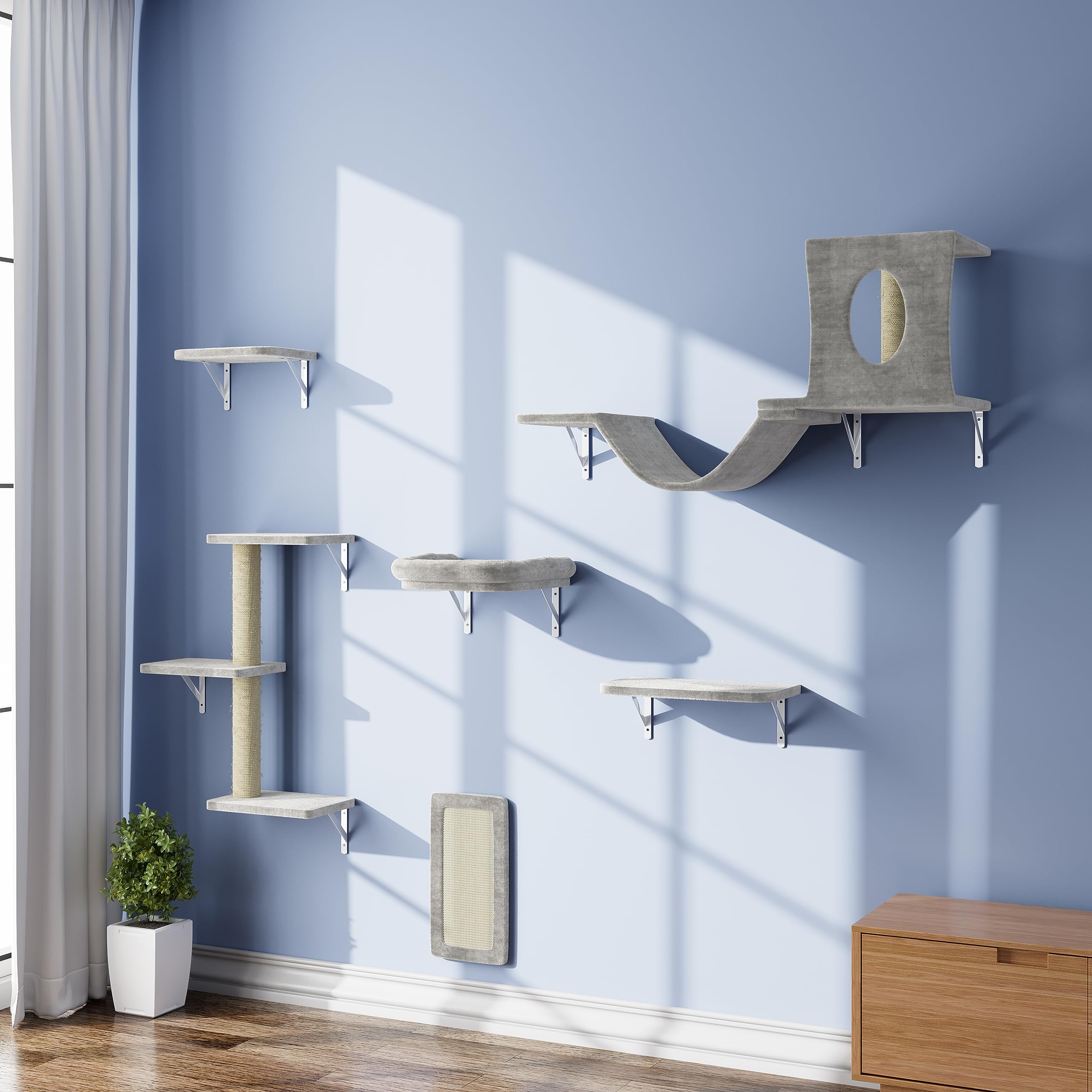 Photo 1 of NUNU LAB Wall Mounted Cat Furniture Set - 6 Pcs Climber Set with House, Bridge, Steps, Scratcher Board - DIY Walls Playground, Indoor Cat Shelves - Gray