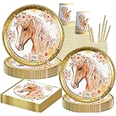 Horse Birthday Party Supplies, Horse Party Tableware Complete Pack Horse Party Plates and Napkins Including Gold Horse Party Plates,Cups, Napkins,Straws for Horse Birthday Baby Shower Decorations