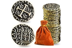 Prefdo Metal Pirate Coins, 35PCS Bronze Treasure Coin Set Spanish Doubloon Replicas Fantasy Metal Coins Pirate Gold Coins for Board Games Tokens Pirate Party Cosplay, 1.18in