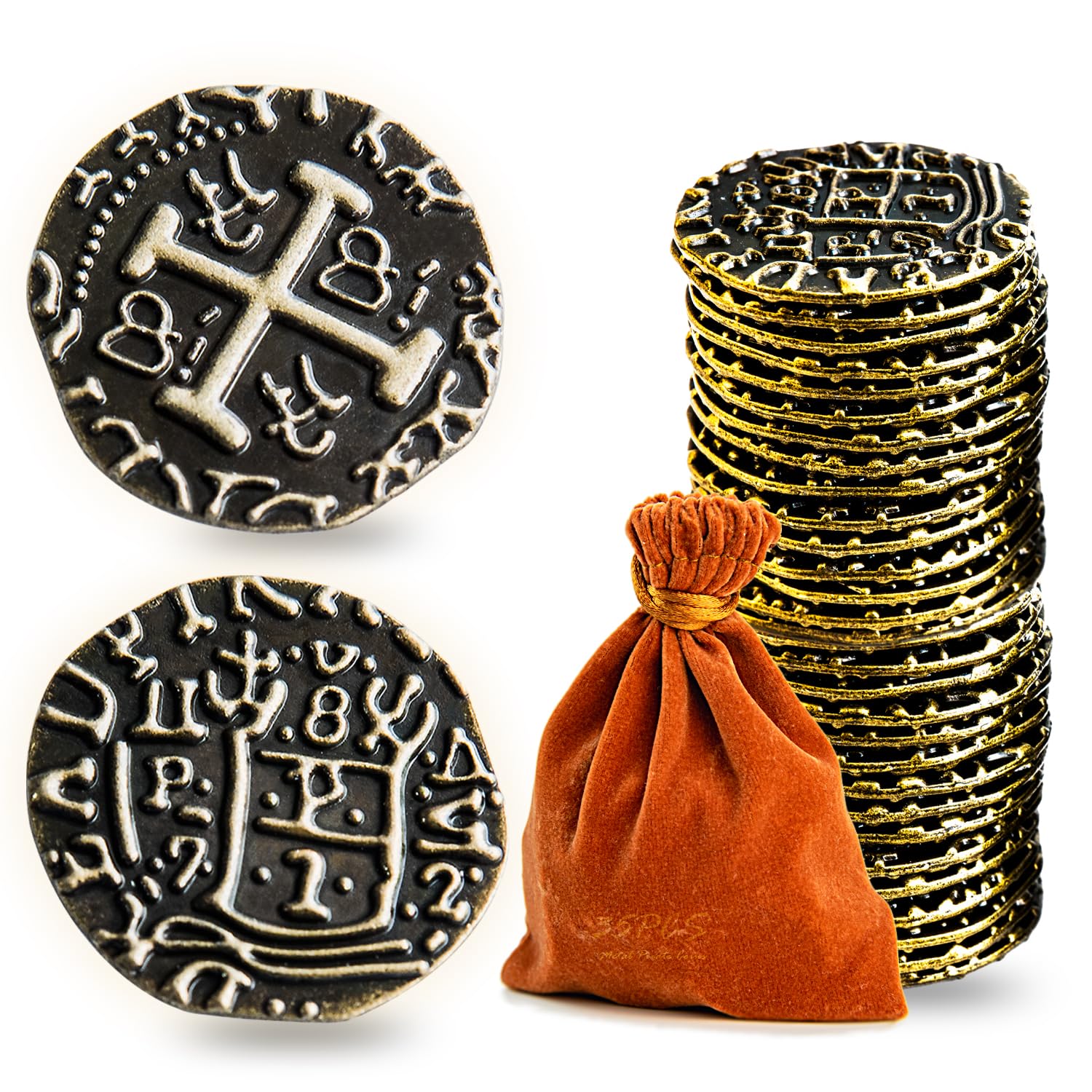 Prefdo Metal Pirate Coins, 35PCS Bronze Treasure Coin Set Spanish Doubloon Replicas Fantasy Metal Coins Pirate Gold Coins for Board Games Tokens Pirate Party Cosplay, 1.18in