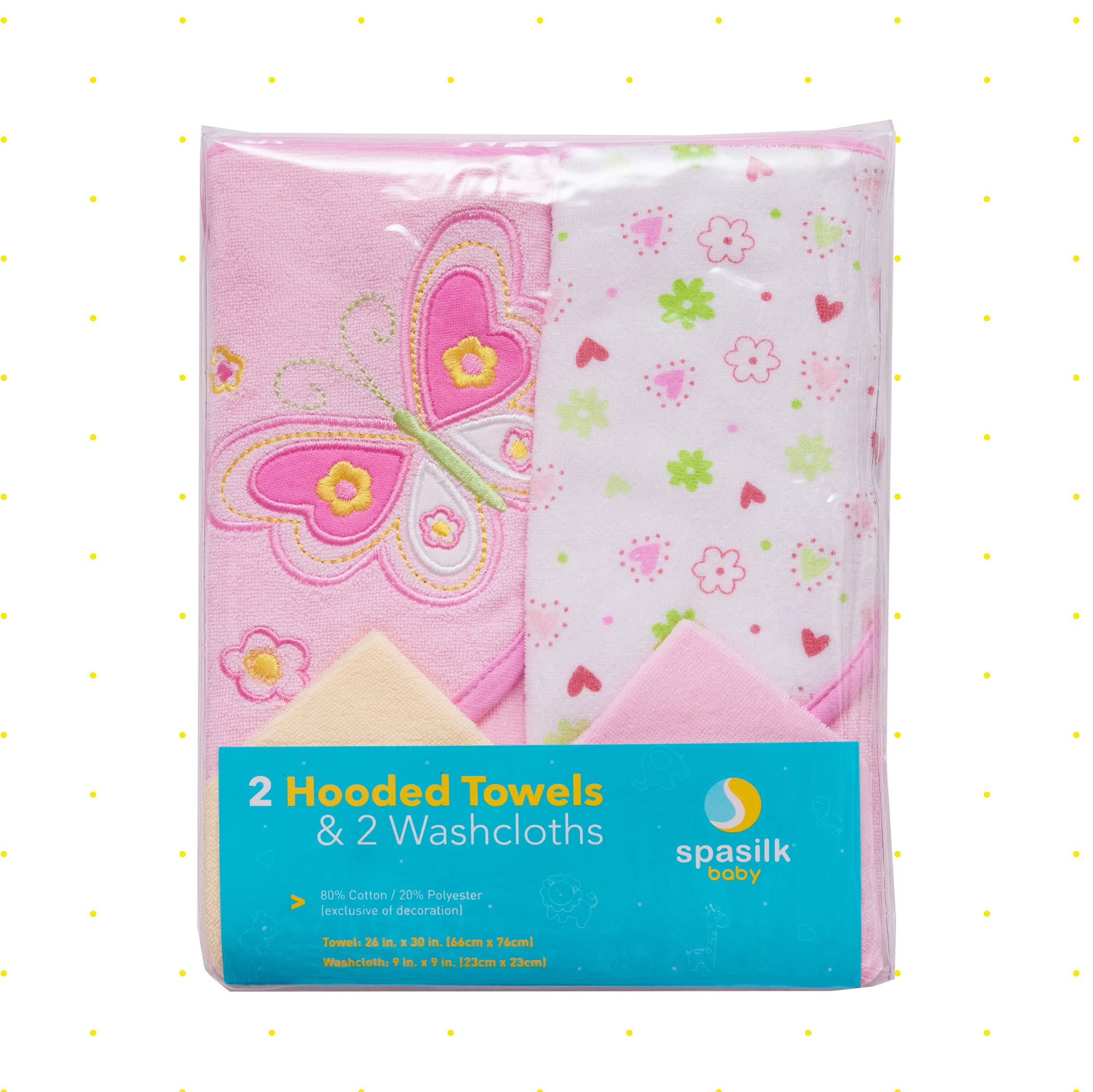 Spasilk Bath Hooded Towels & Washcloths Set for Babies, 2 Hooded Terry Bath Towels & 2 Washcloths, Pink Butterfly