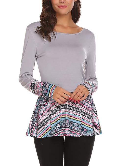 Unibelle Women's Basic Floral Print Long Sleeve Scoop Neck Peplum Tunic