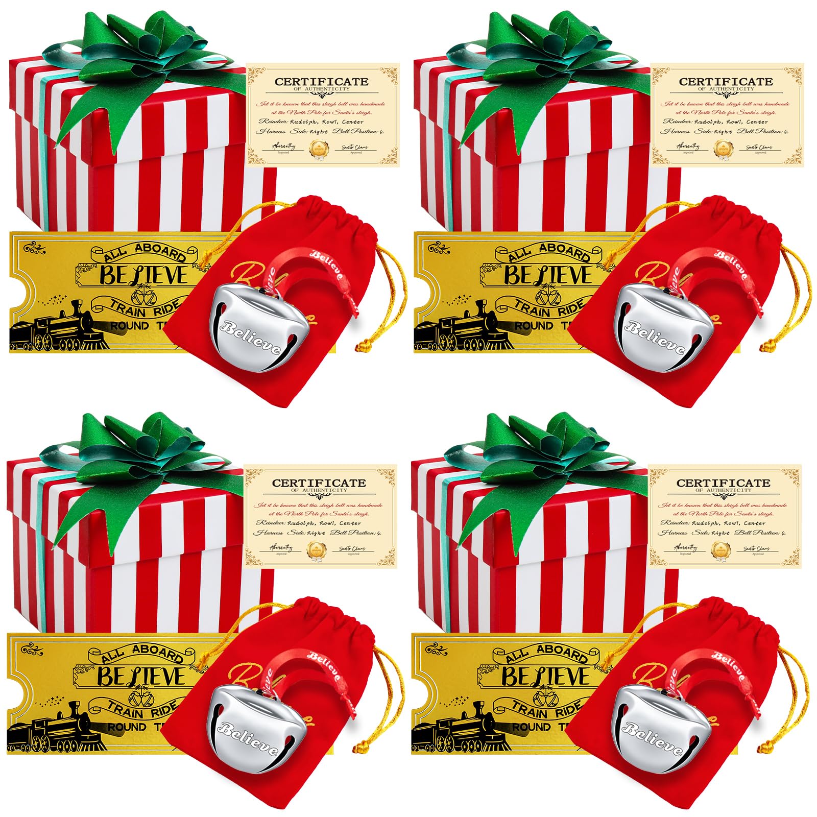 Photo 1 of 4 Sets Christmas Polar Express 2Inch Believe Bells Santa Sleigh Bell Gifts Bulk Christmas Ornament Train Ticket with Tags Red Velvet Bag Christmas Movie Party Favors for Xmas Party Tree Decorations