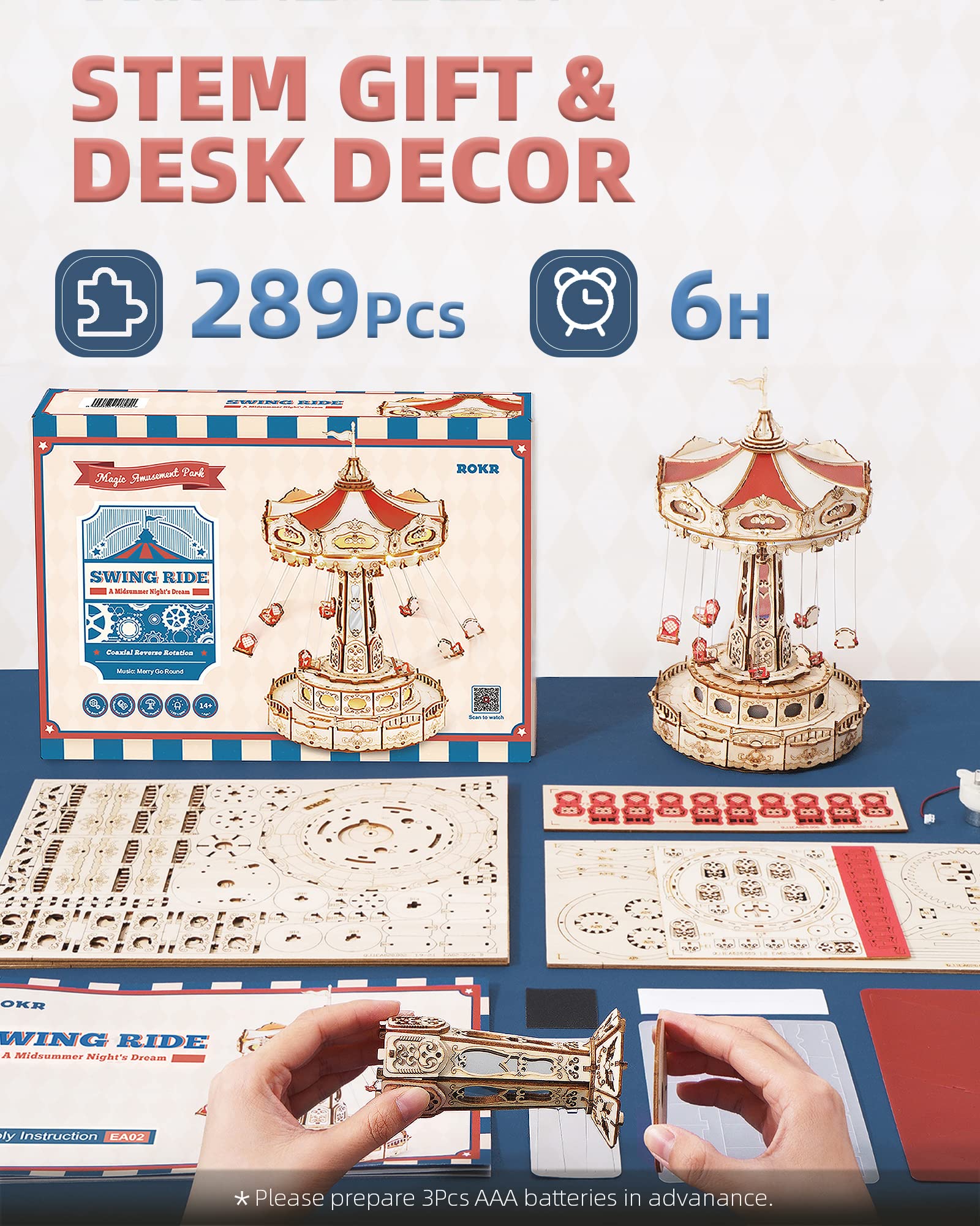 ROKR 3D Puzzles for Adults-Projects for Teens-LED Swing Ride Model Building Kit-Music Box DIY Kit-Gift for Teens and Adults