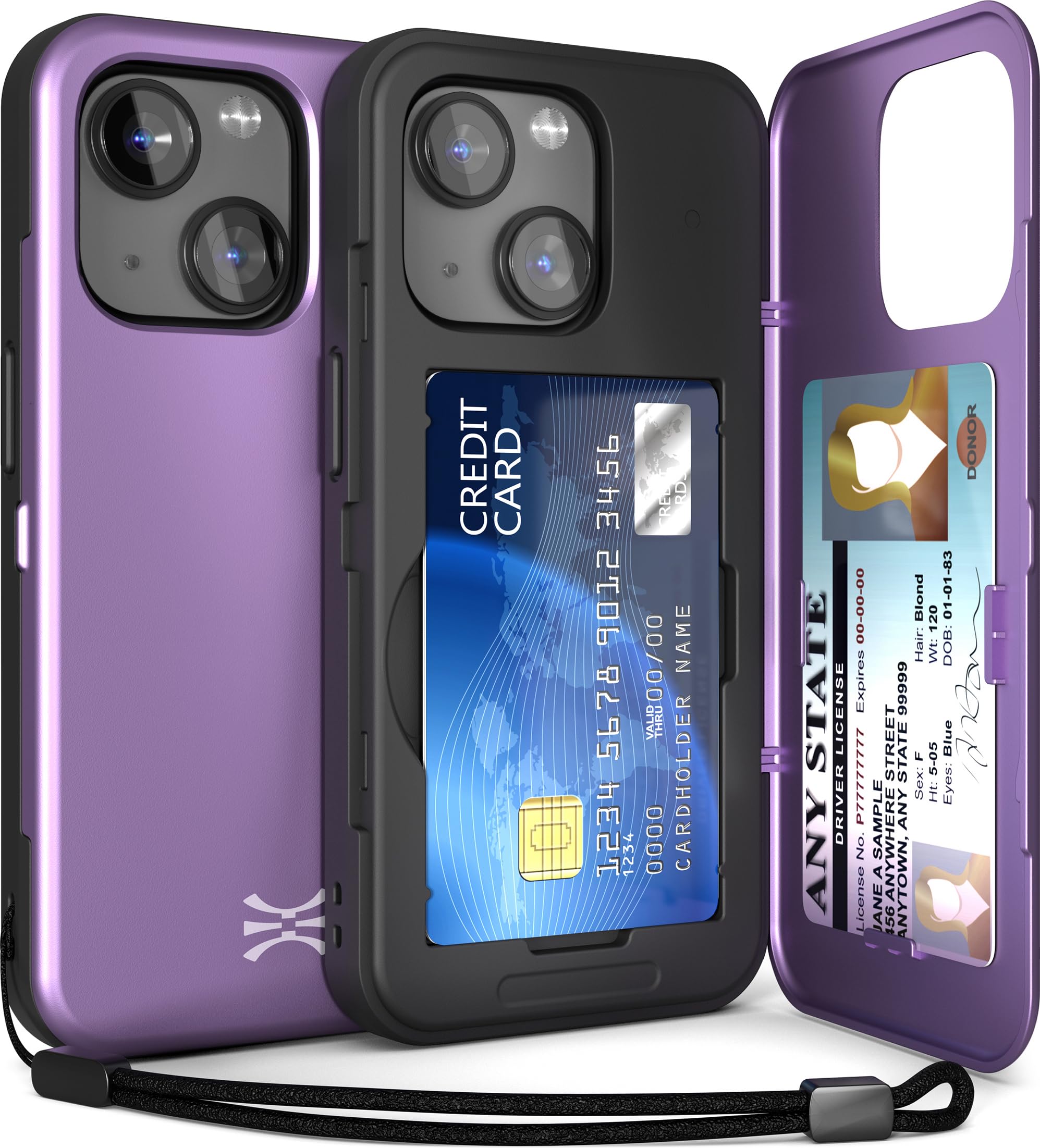 TORU for iPhone 15 Wallet Case with Card Holder, Hidden ID Credit Card Slot Flip Kickstand, Slim Fit Shockproof Heavy Duty Phone Cover with Strap - Purple