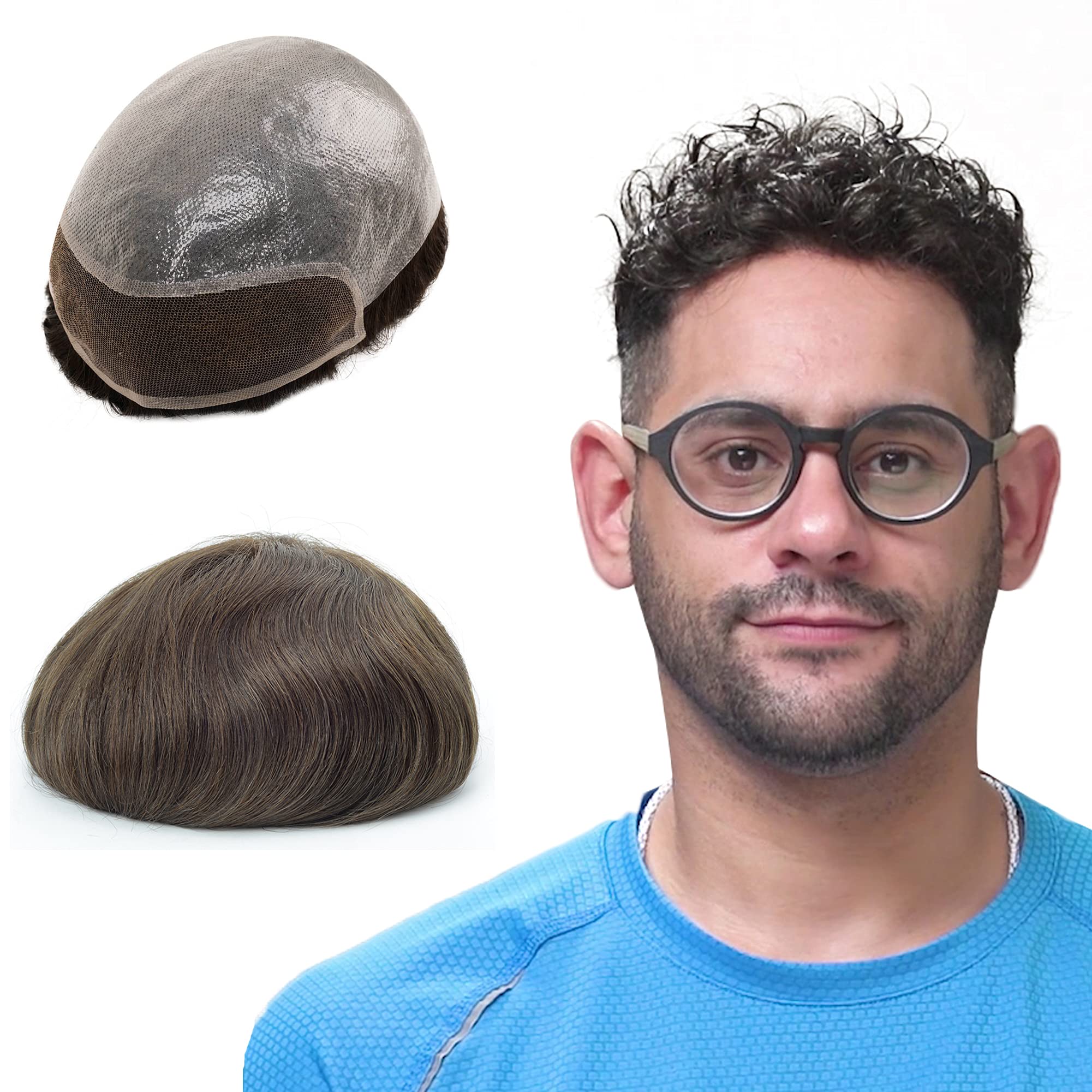 Lordhair Human Hair System for Men, 0.08mm Super Thin Skin Men's Toupee with French Lace Front, Base Size 8x10 inch Medium Density Hairpiece for Hair Loss Men