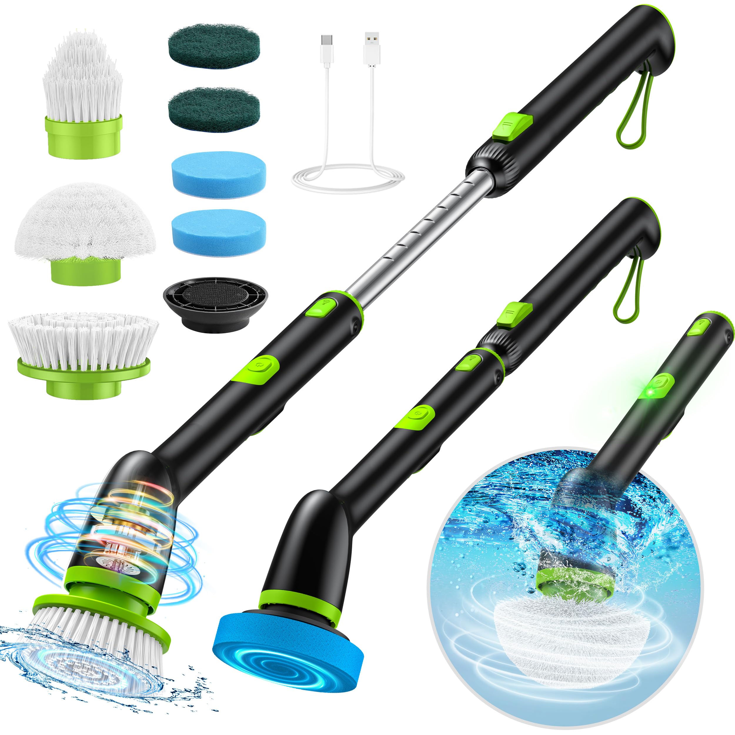 Upgraded Electric Cleaning Brush, IPX7 Full-body Waterproof Electric Spin Scrubber with 2 Speeds, Adjustable Long Handle & Replaceable Brushes, Cleaning Tool for Tub Car Bathroom Shower Floor Tile