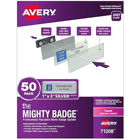 The Mighty Badge By Avery 1 X 3 Magnetic Name Tags 50 Silver Name Badges 120 Customizable Inserts 71208