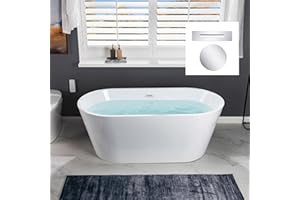WOODBRIDGE 59" Acrylic Freestanding Bathtub Contemporary Soaking White Tub with Chrome Overflow and Drain，B0014-CH