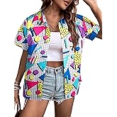 80s 90s Outfits for Women: 80s Disco Party Themed Shirt Vintage 90s Neon Hawaiian Button Down Short Sleeve Tops