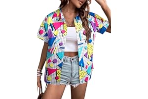 UNIQUEONE 80s 90s Outfits for Women: 80s Disco Party Themed Shirt Vintage 90s Neon Hawaiian Button Down Short Sleeve Tops