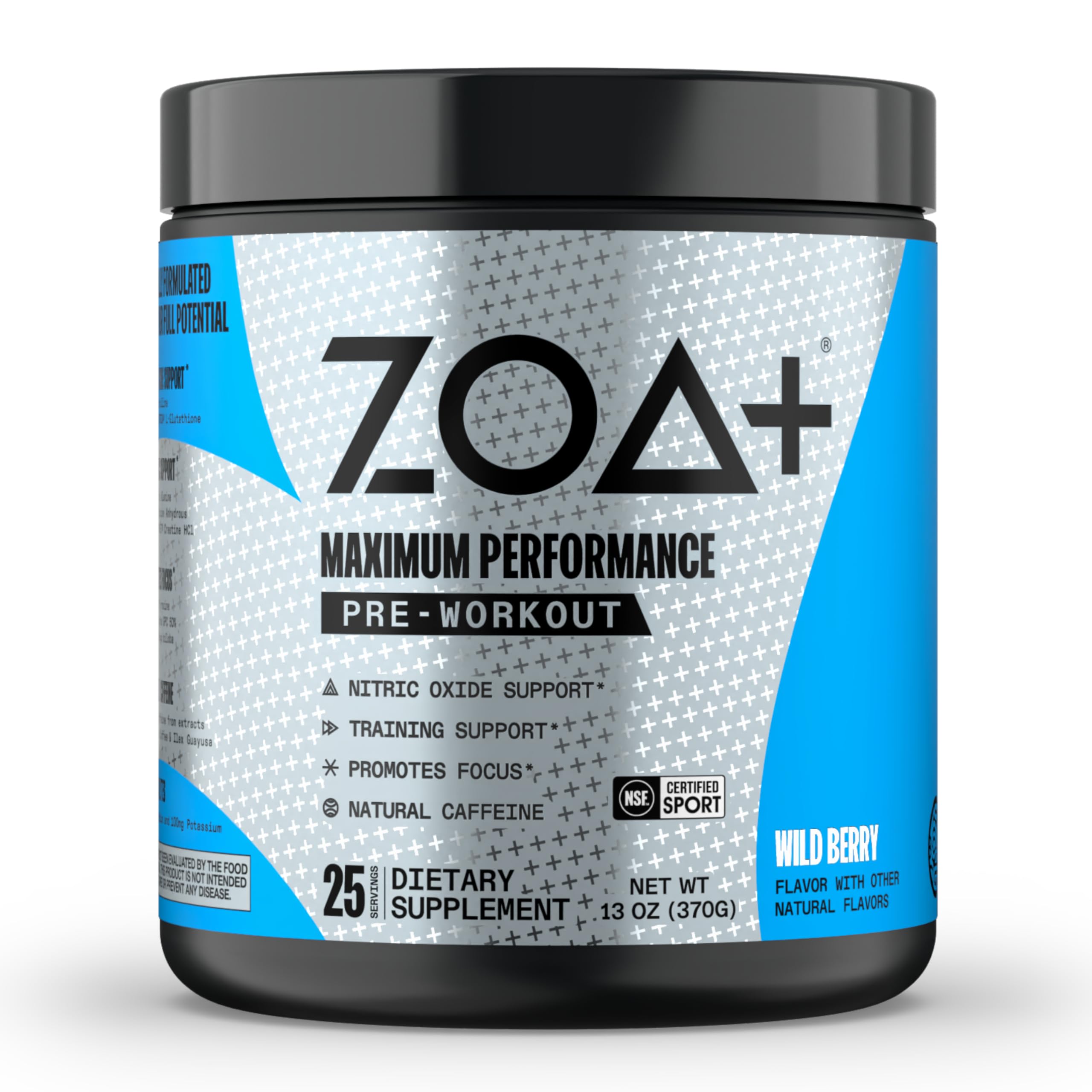 ZOA+ Zero Sugar Pre Workout Powder Wild Berry - 5-in-1 Advanced Formula with Creatine, Beta Alanine, Ginkgo Biloba, Electrolytes, 200mg Caffeine - NSF Certified Sport - 25 Servings