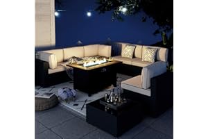 SUNLEI 8 PCS Patio Furniture Set with 45" 50000BTU Gas Propane Fire Pit Table, All Weather PE Wicker Rattan Patio Conversation Sofa with Coffee Tables (Khaki, 8 Pcs-Black Rattan/Walnut Table)