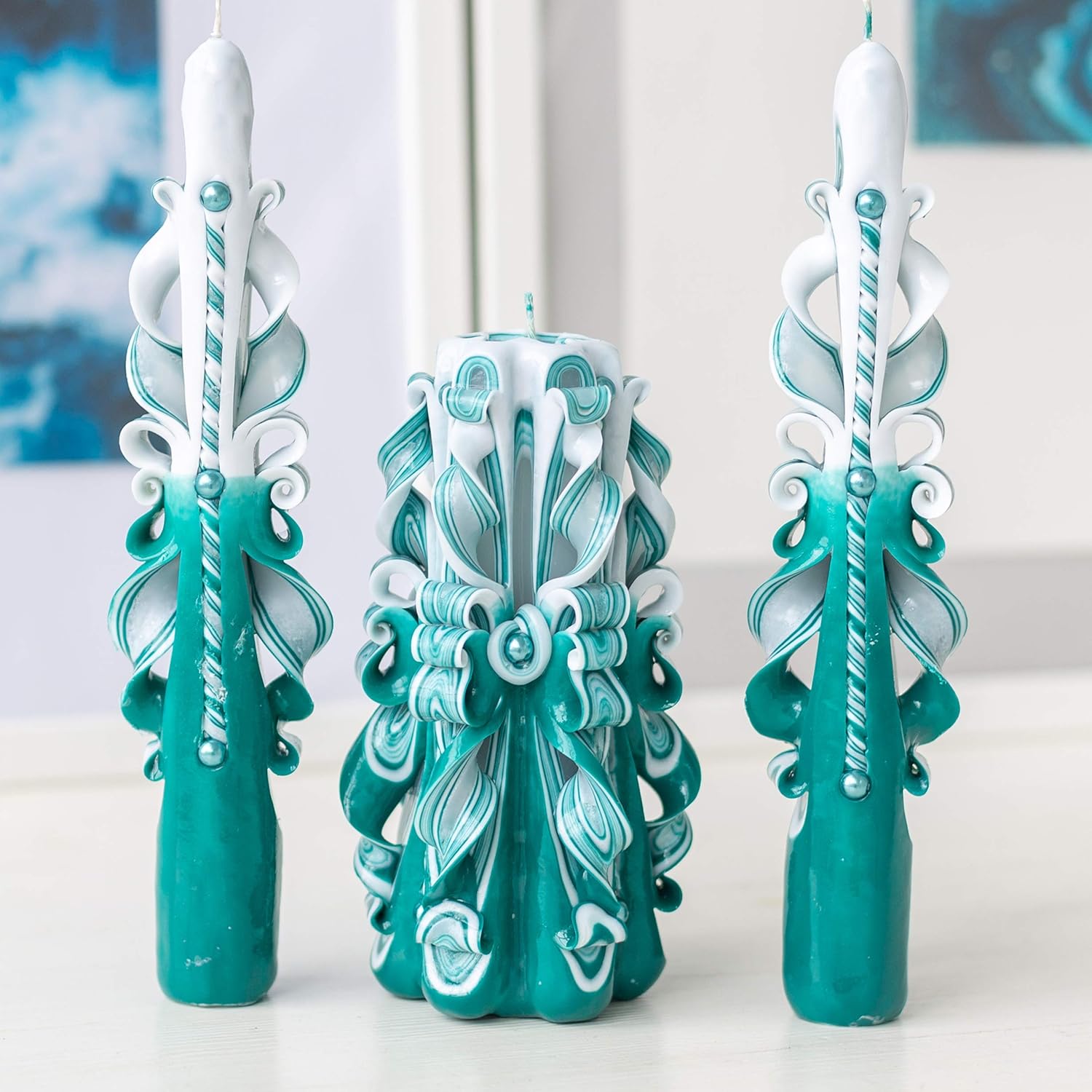 Teal unity candle set for wedding ceremony pillar and