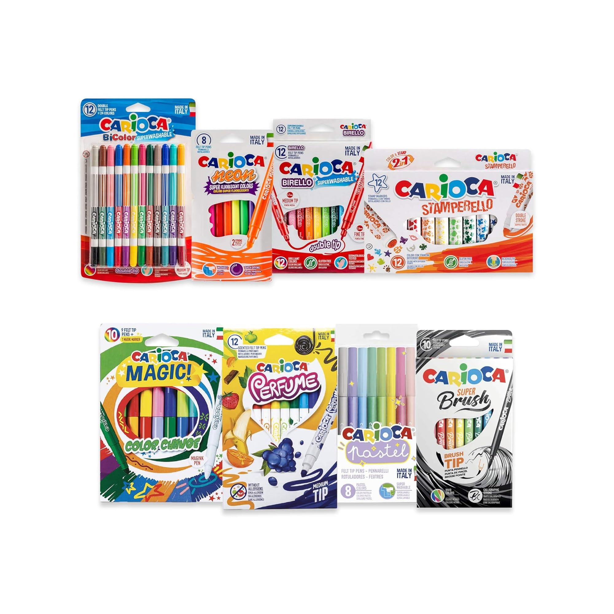 CARIOCA Assorted Felt Tip Pens Set Crazy Felt Tip Pen: Double Tip, Bi-Color, Fluorescent, Pastel, Scented, Color Changing, Conical Tips and Stamp, Brush Tip (Kit of 8 Boxes Total 84 Pieces)
