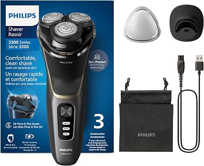 Electric Shaver Series 3000 - Rasoir électrique Wet & Dry pour hommes avec technologie SkinProtect, Tondeuse rétractable, Socle de recharge, Housse de voyage, Noir, modèle S3342/13