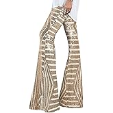 EVALESS Women Sequin Pants Sparkly Glitter High Waisted Wide Leg Flare Trousers Bell Bottom Night Out Clubwear