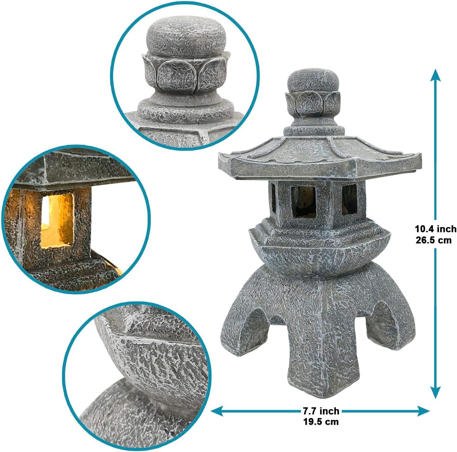 Goodeco Solar Pagoda Lantern Statue Garden Ornaments,Outdoor/Indoor Zen Asian Decor for Landscape Balcony,Garden,Patio,Porch Yard Art Ornament Gifts,Polyresin,Gray stone finish - Image 5