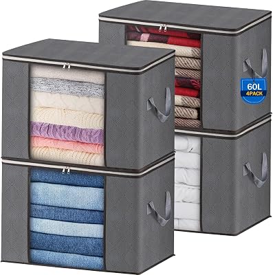 4 Stück 60L Groß Aufbewahrungstasche, Faltbare Unterbett Kleideraufbewahrung Schrank Organizer Set, für Bettwäsche, Kleidung, Decken, Kissen Quilt Saison Artikel Lagerung, 55x35x32cm