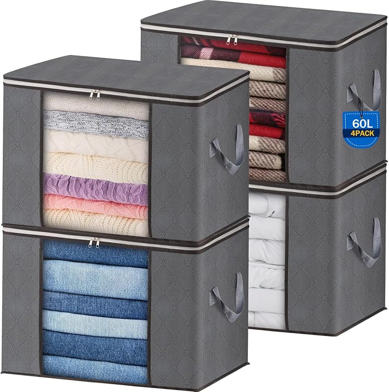4 Stück 60L Groß Aufbewahrungstasche, Faltbare Unterbett Kleideraufbewahrung Schrank Organizer Set, für Bettwäsche, Kleidung, Decken, Kissen Quilt Saison Artikel Lagerung, 55x35x32cm — Foto 1 von 7