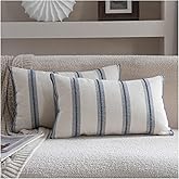 Cethom Boho Throw Pillow Covers 12x20 Set of 2, Navy Blue Striped Decorative Pillow Cases for Couch Chair Bed, Textured Farmhouse Accent Cushion Covers for Living Room Bedroom Sofa Home Decor