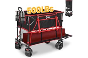 SEKEY 400L Large Capacity Folding Double Decker Wagon with Brakes, 50" Extra Long Extender Cart, 500lbs Heavy Duty Collapsible Wagons, All-Terrain Big Wheels for Camping, Sports, Shopping. Red&Black