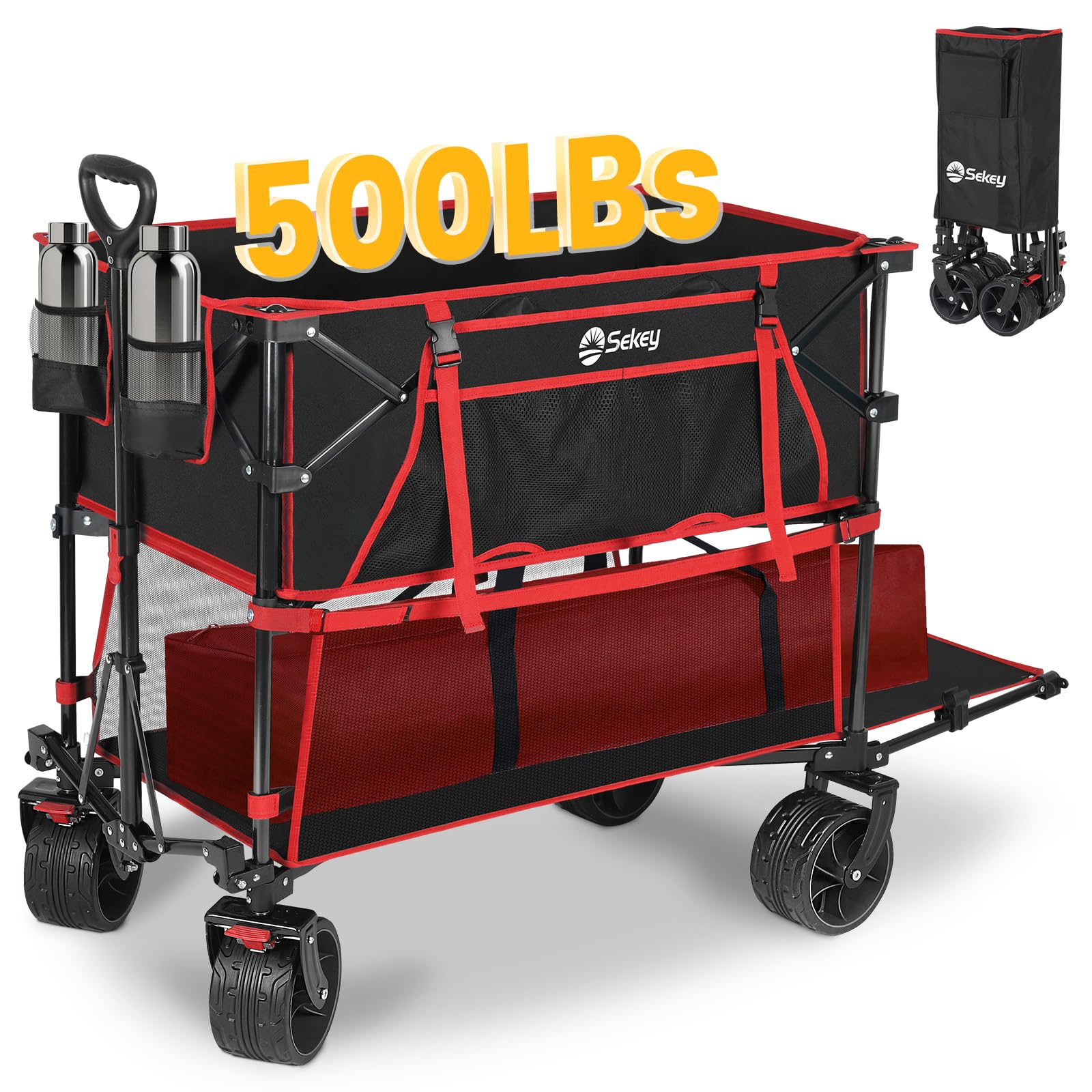 Photo 1 of Sekey 400L Double Decker Beach Wagon 50''L Extra-Long Extended Shelf, Collapsible Wagon Cart with 500lbs Capacity, Heavy Duty Folding Wagon All-Terrain Wheels for Camping, Sports, Garden. Red&Black