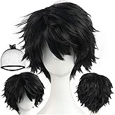 ESUNO Hair Cap+Short Black Wig with Bangs Black Cosplay Wig for Men Unisex Layered Hair Anime Cosplay Costume Fluffy Spiky Outfit Short Straight Costume for Halloween Party Carnival Comic Con