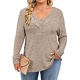 Yousify Womens Plus Size Long Sleeve Tunic Tops Dressy Casual Pleated V Neck Fall Blouses Curvy Loose Fit Shirts