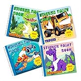 BulbaCraft 4Pcs Sticker Paint Books - Sticker Books by Number with Dinosaurs, Trucks, Animals and Under The Sea - Coloring Activity
