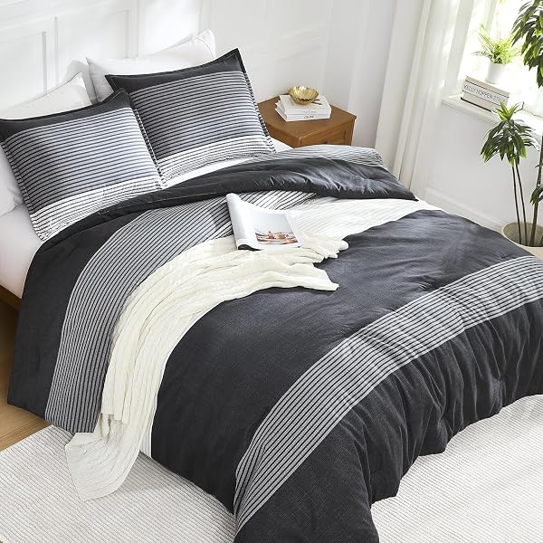 LITANIKA FULL COMFORTER SET BLACK – 3 PIECES STRIPE BEDDING COMFORTER SETS