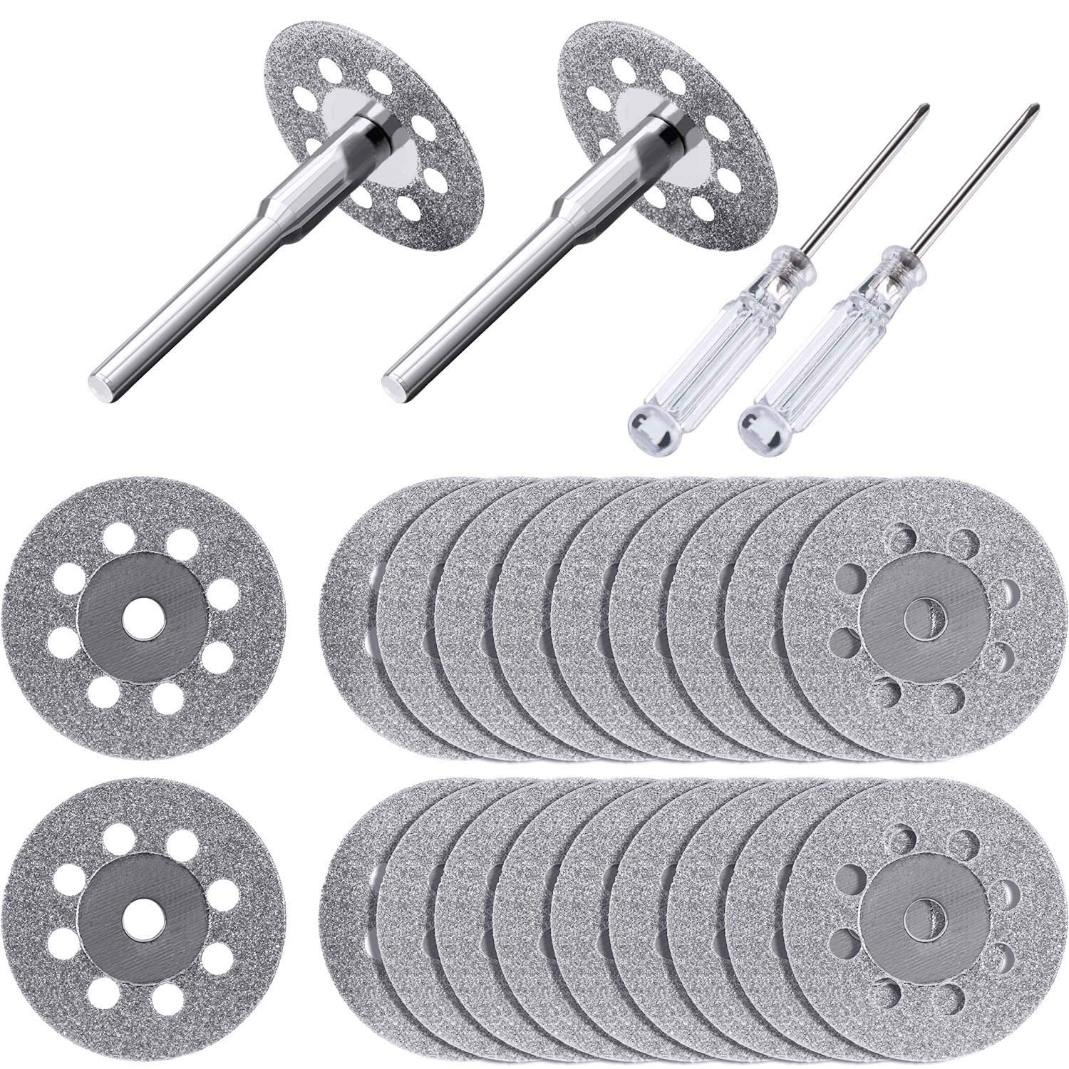 20 Pieces 22 mm Diamond Cutting Wheel with 4 Pieces 3 mm Mandrel and 2 Pieces Cross Crystal Screwdriver for Dremel Rotary Tools