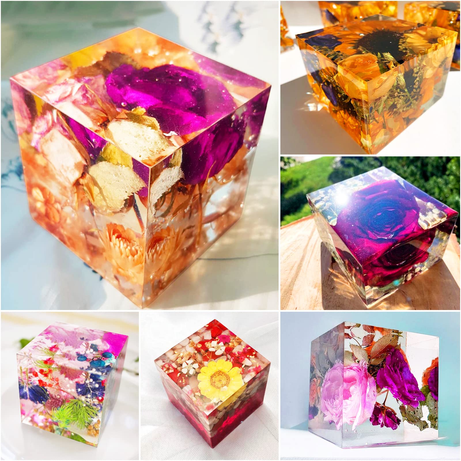 BABORUI 8Pcs Large Square Resin Molds Silicone, Upgraded Cube Silicone Molds for Resin Casting with Wooden Support, Square Epoxy Resin Molds for Home Decor, Flowers Preservation