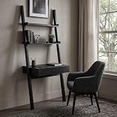 Viqmor Ladder Desk with Bookshelf and Drawer, Black Writing Desk | Small-space desk with 2 open shelves, raised edges, a workspace and concealed drawer for bedrooms, studies and home offices.