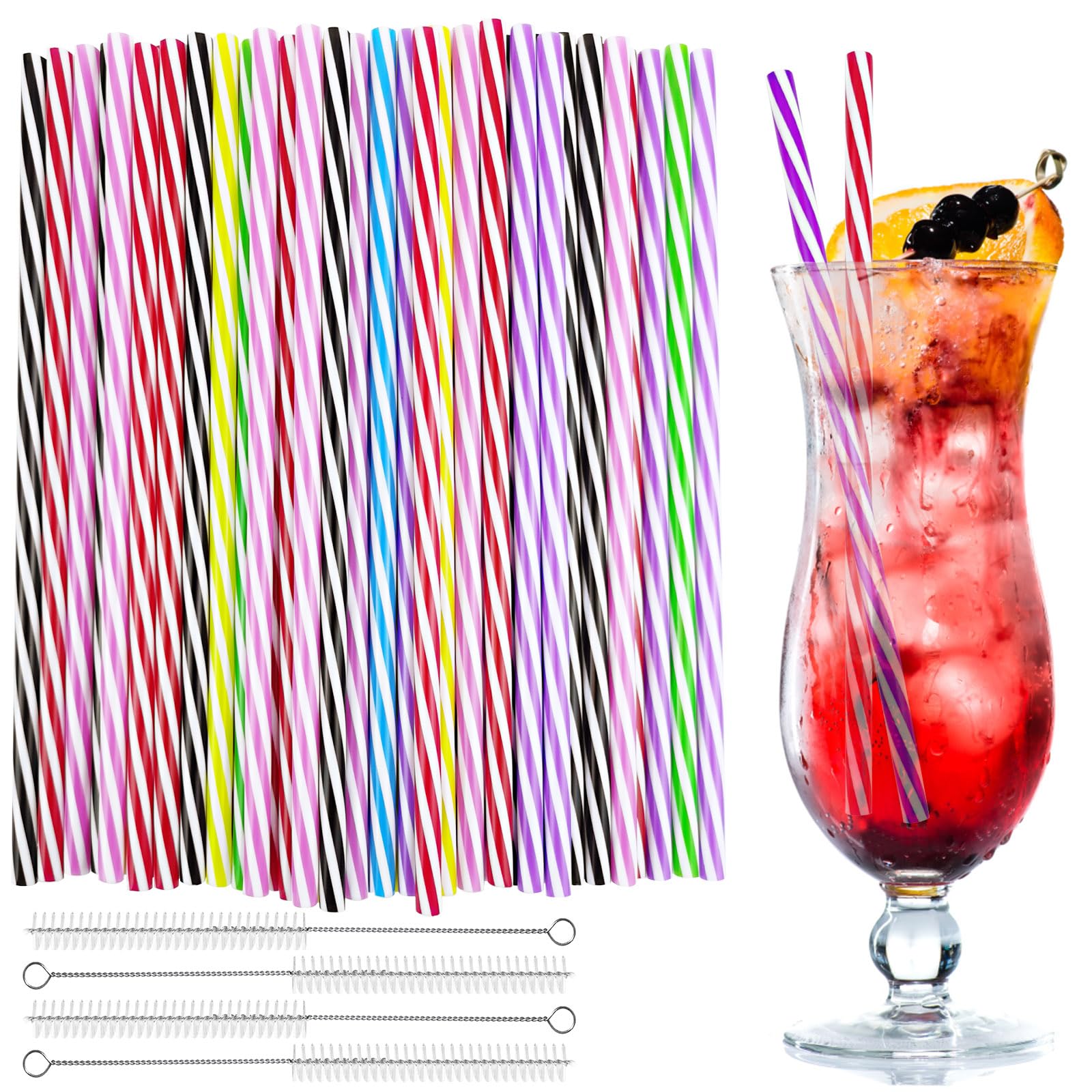 Omsscun 60 Pcs Reusable Plastic Straws(7.3mm*230mm), Non Disposable Candy-Striped Drinking Straws with 4 pcs Cleaning Brush, Straws Drinking Plastic for Family Bars Cafes Restaurants Celebrations